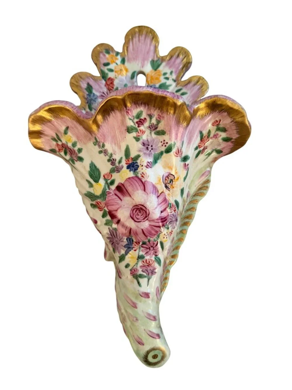 Antique French Cornucopia Shaped Hand-painted Floral Wall Vase Decorative